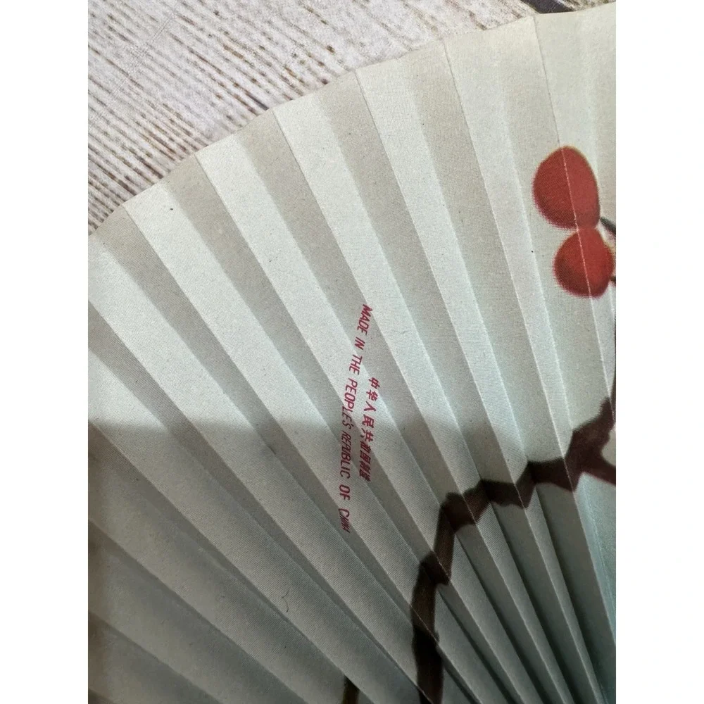 Vintage Chinese Paper Folding Metal Handle Fan Peacocks Cherry Blossoms Tub14
